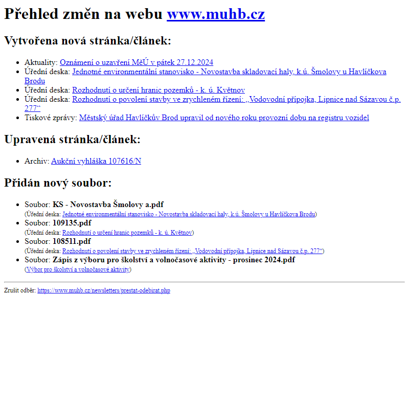 Přehled změn na webu www.muhb.cz