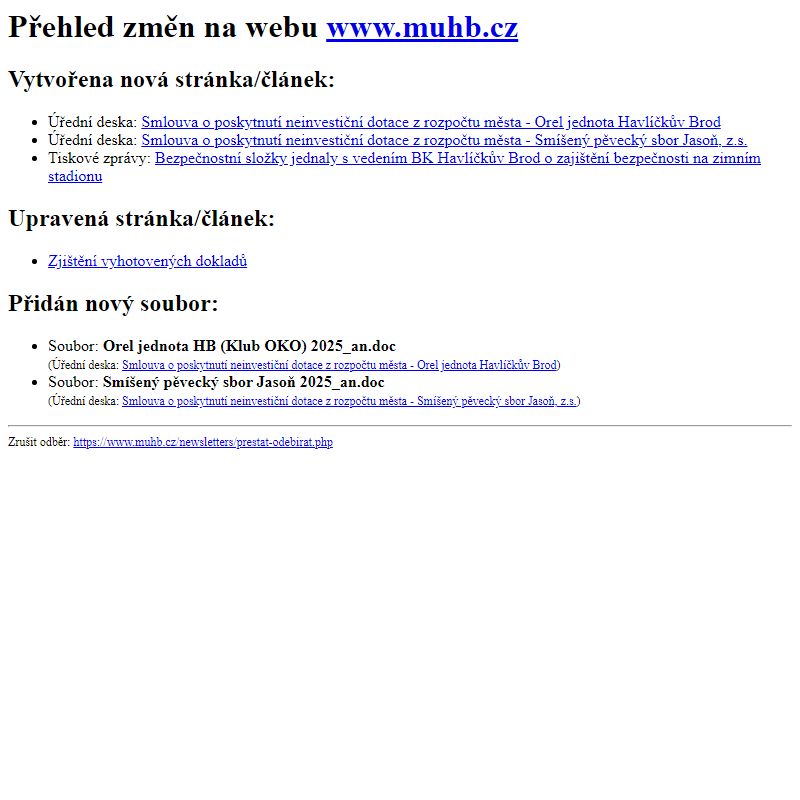 Přehled změn na webu www.muhb.cz