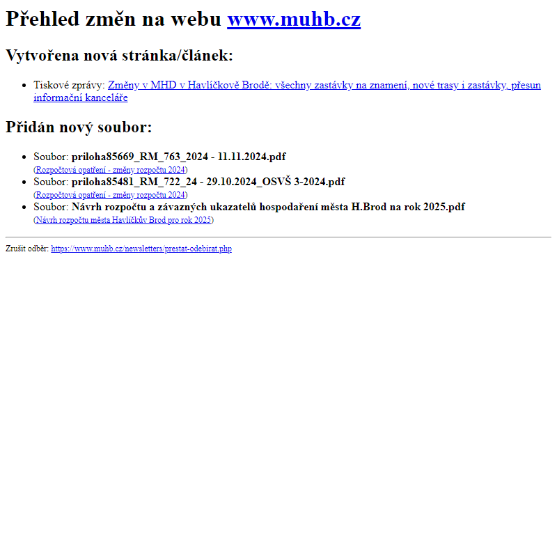 Přehled změn na webu www.muhb.cz