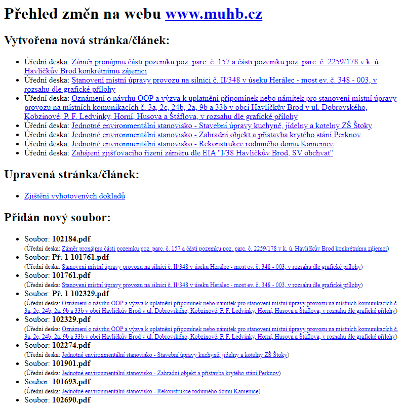 Přehled změn na webu www.muhb.cz