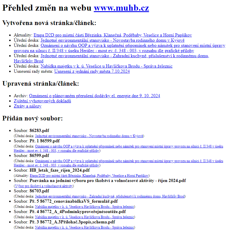 Přehled změn na webu www.muhb.cz