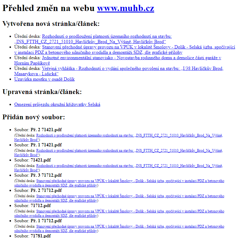 Přehled změn na webu www.muhb.cz