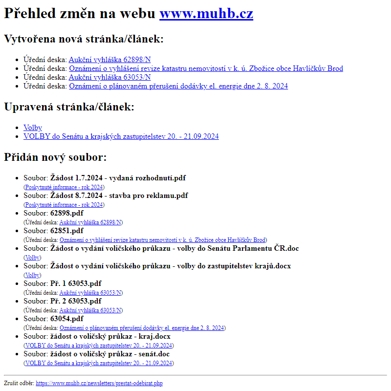 Přehled změn na webu www.muhb.cz