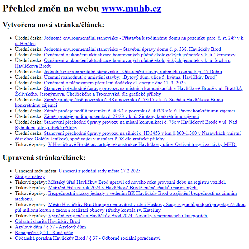 Přehled změn na webu www.muhb.cz