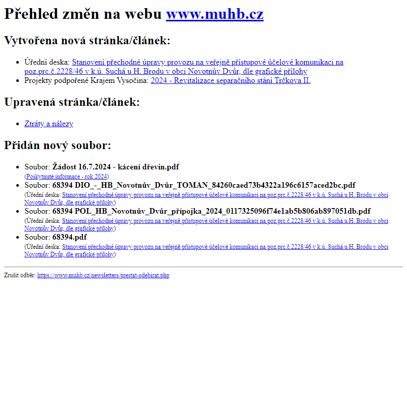 Přehled změn na webu www.muhb.cz