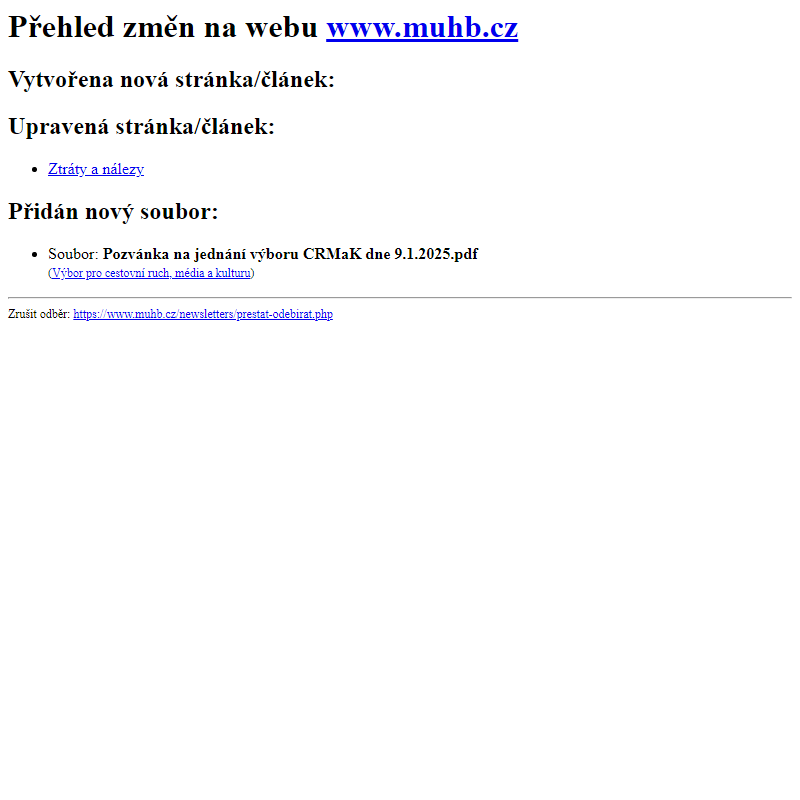 Přehled změn na webu www.muhb.cz