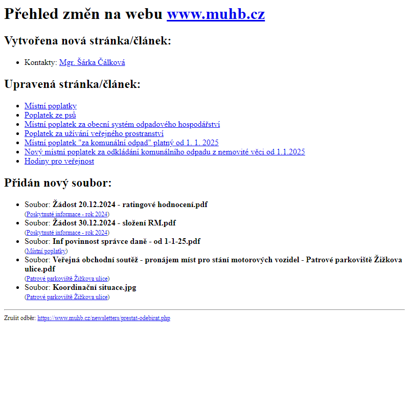 Přehled změn na webu www.muhb.cz