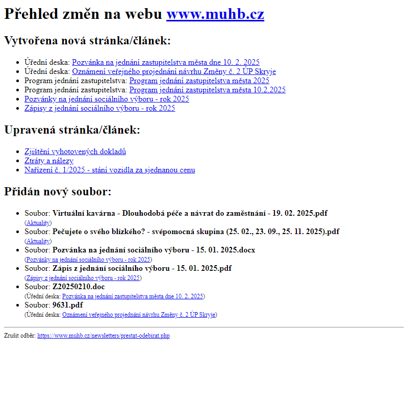 Přehled změn na webu www.muhb.cz