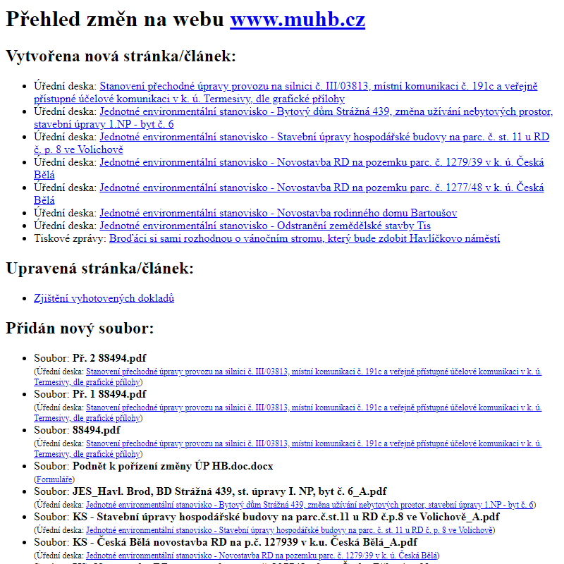 Přehled změn na webu www.muhb.cz