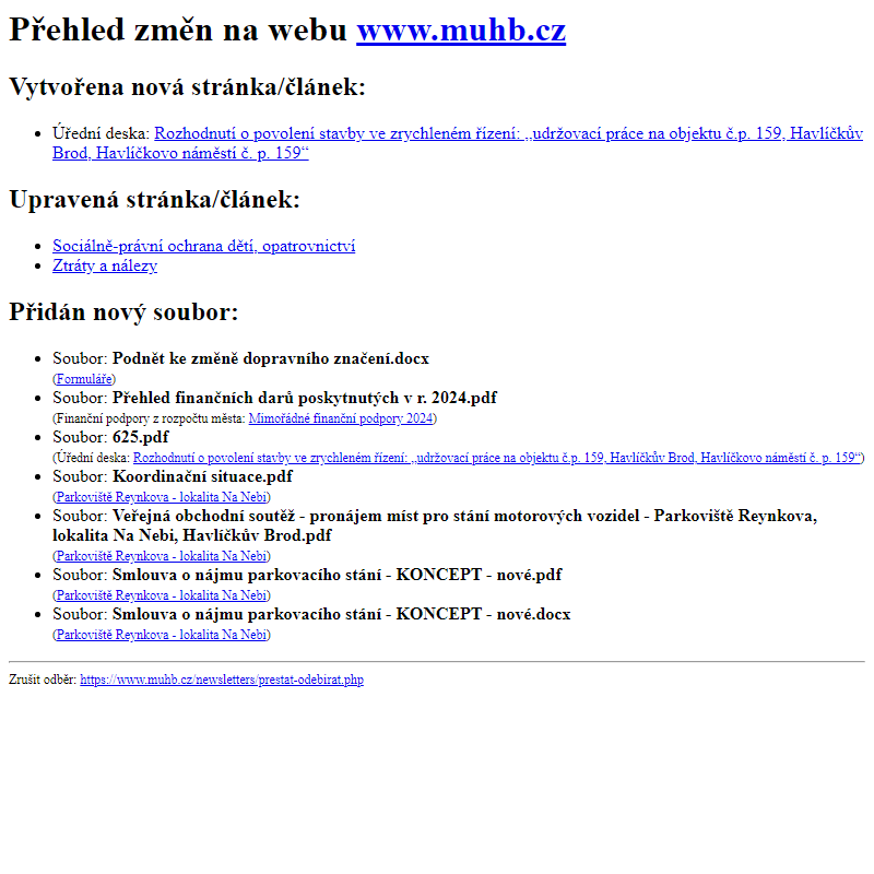 Přehled změn na webu www.muhb.cz