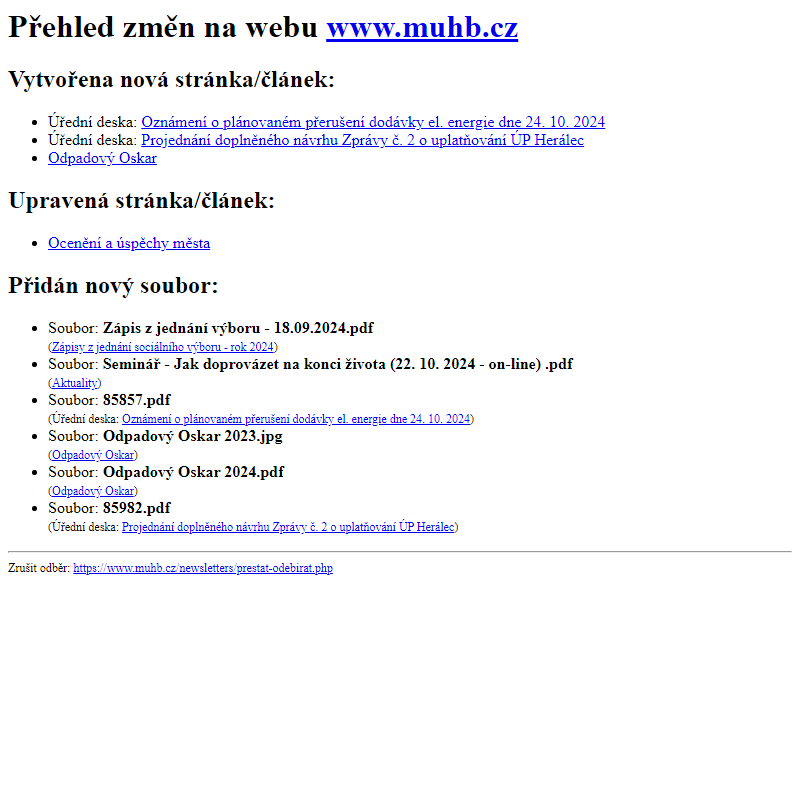 Přehled změn na webu www.muhb.cz