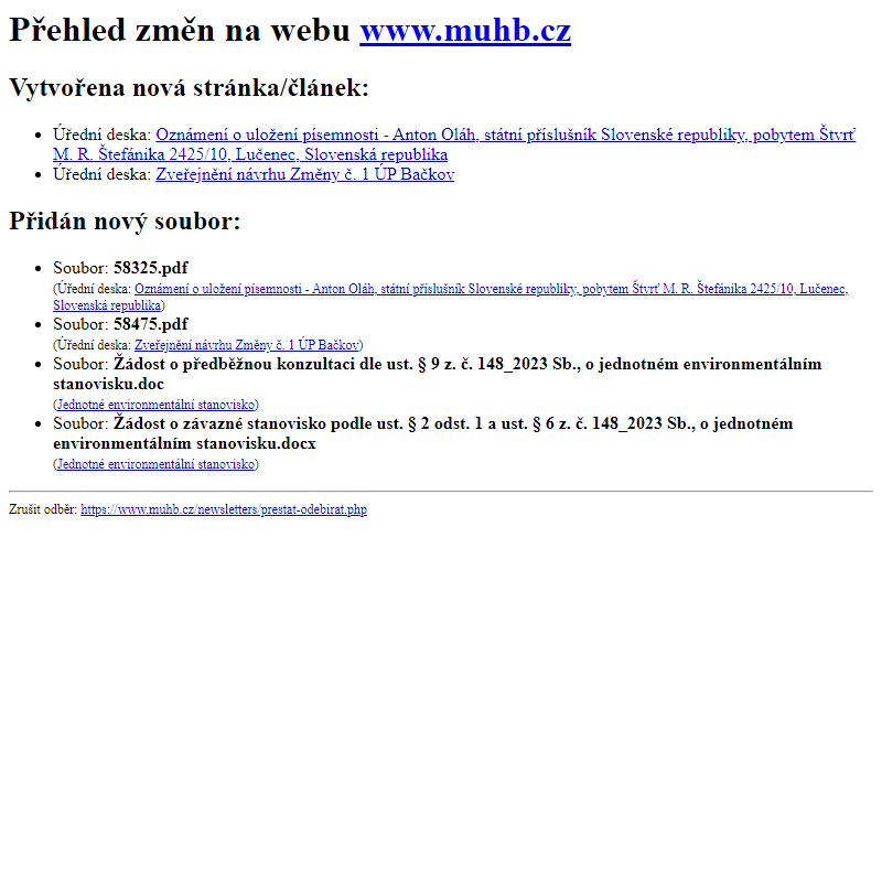 Přehled změn na webu www.muhb.cz