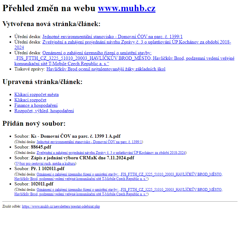 Přehled změn na webu www.muhb.cz