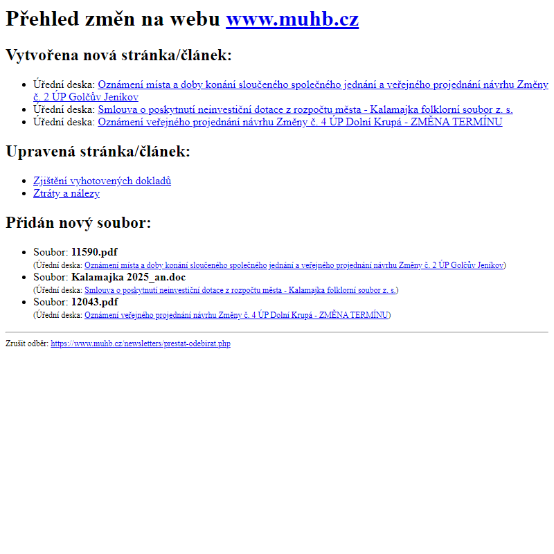 Přehled změn na webu www.muhb.cz