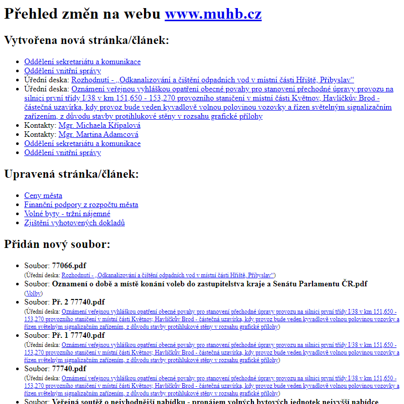 Přehled změn na webu www.muhb.cz