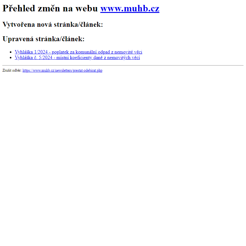 Přehled změn na webu www.muhb.cz