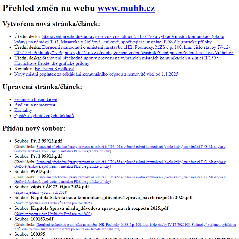 Přehled změn na webu www.muhb.cz