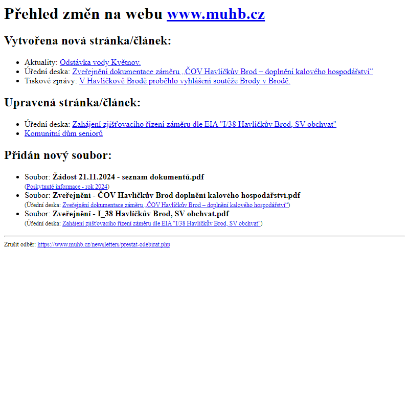 Přehled změn na webu www.muhb.cz