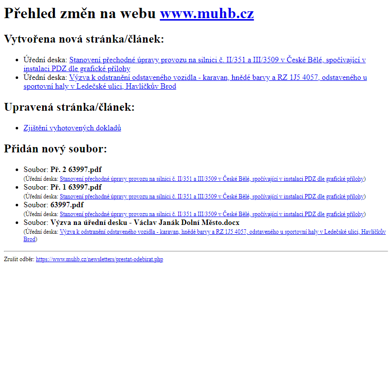 Přehled změn na webu www.muhb.cz