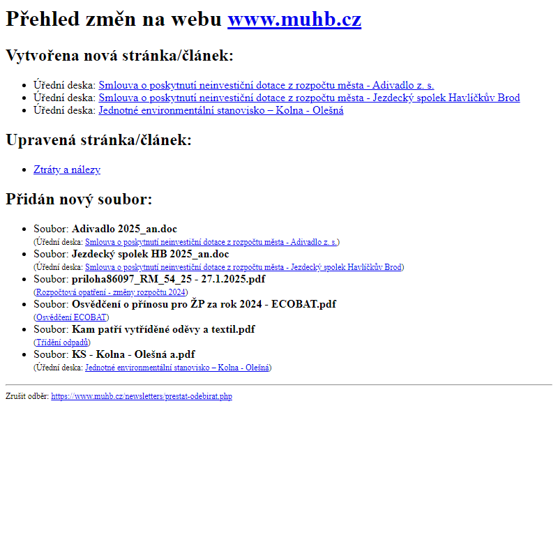 Přehled změn na webu www.muhb.cz