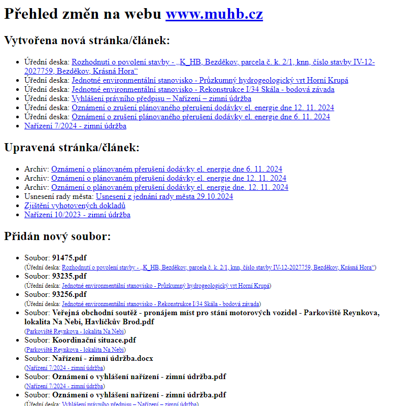 Přehled změn na webu www.muhb.cz