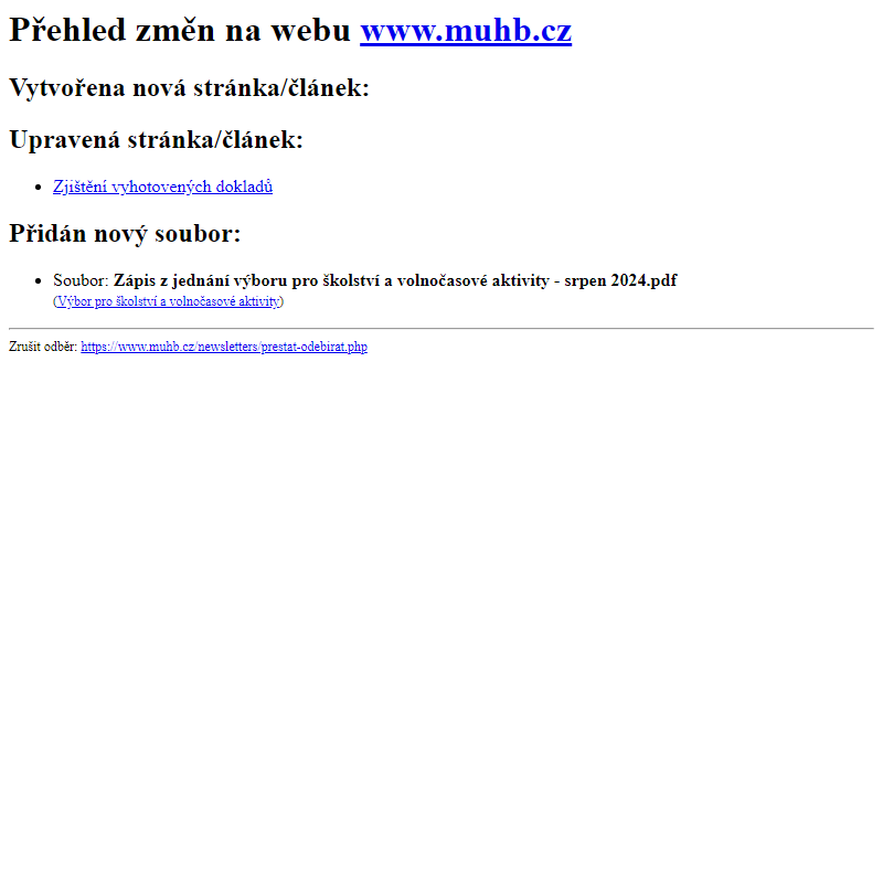 Přehled změn na webu www.muhb.cz