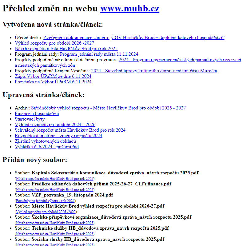 Přehled změn na webu www.muhb.cz