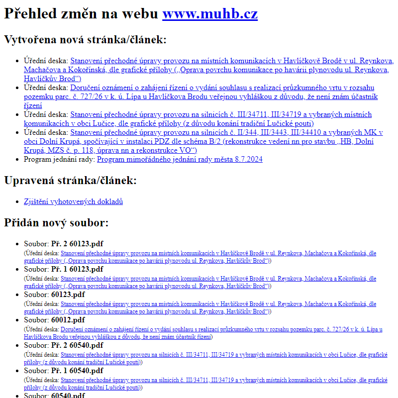 Přehled změn na webu www.muhb.cz