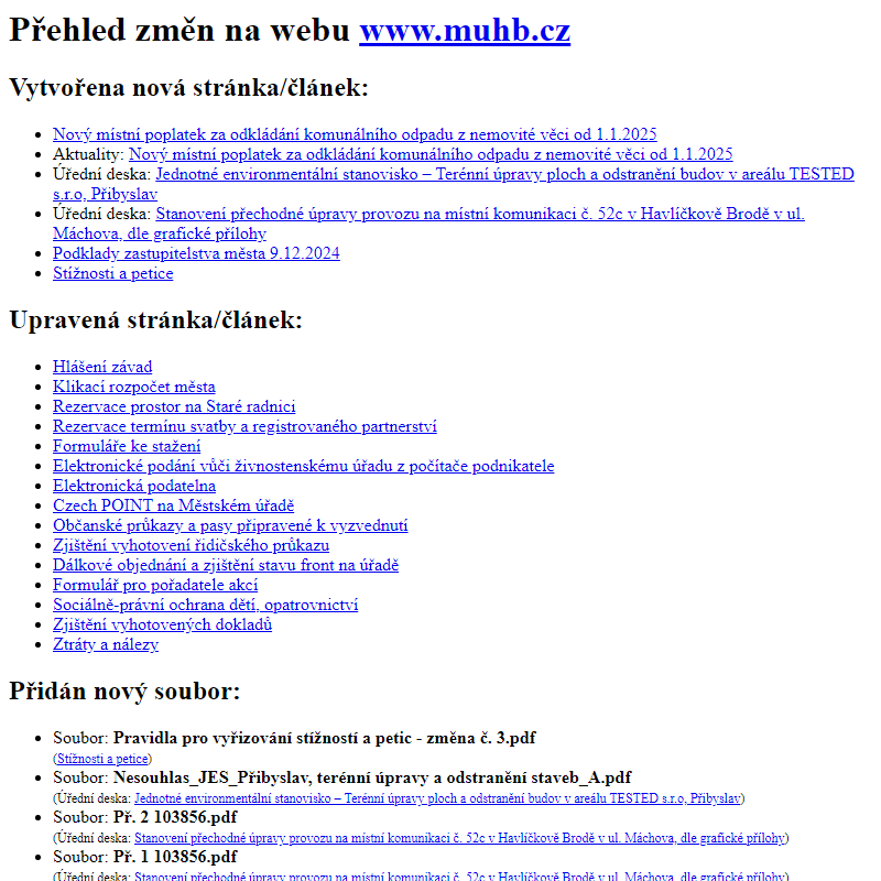 Přehled změn na webu www.muhb.cz