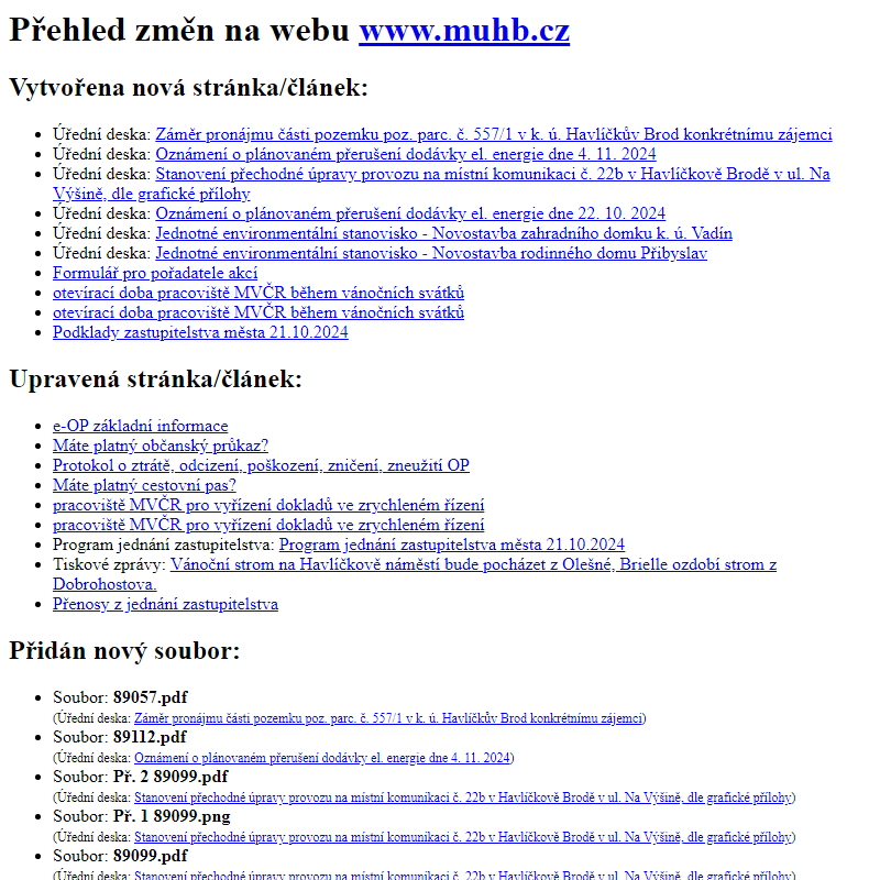 Přehled změn na webu www.muhb.cz