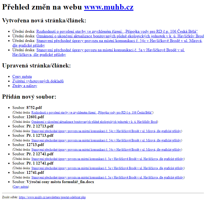 Přehled změn na webu www.muhb.cz