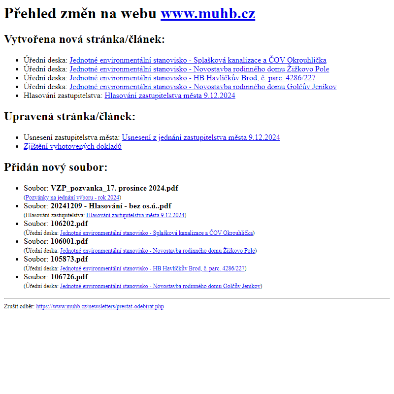 Přehled změn na webu www.muhb.cz