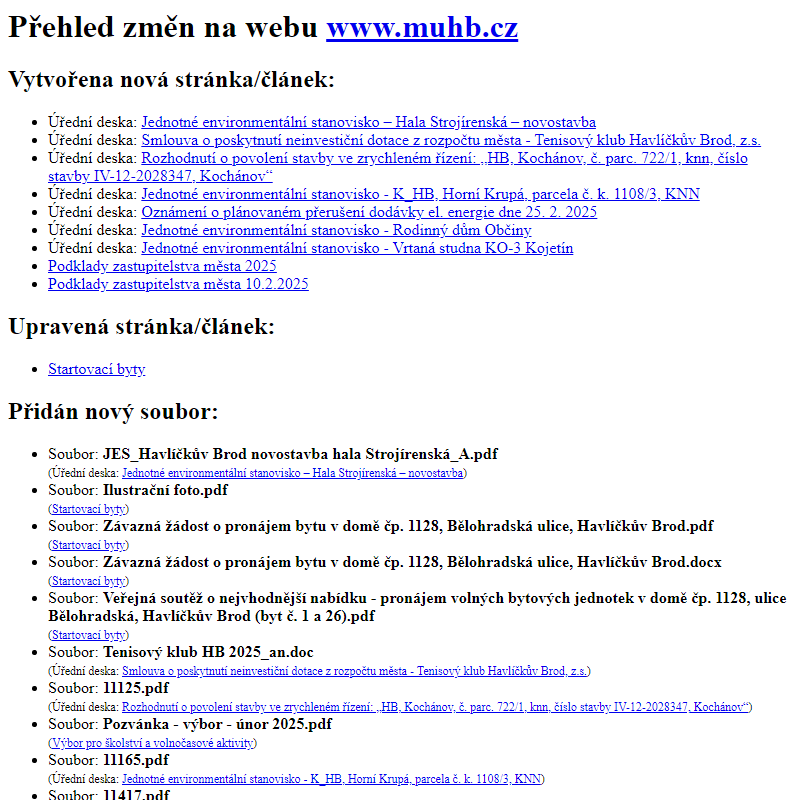 Přehled změn na webu www.muhb.cz