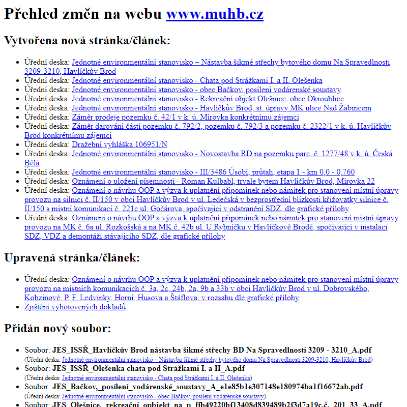 Přehled změn na webu www.muhb.cz