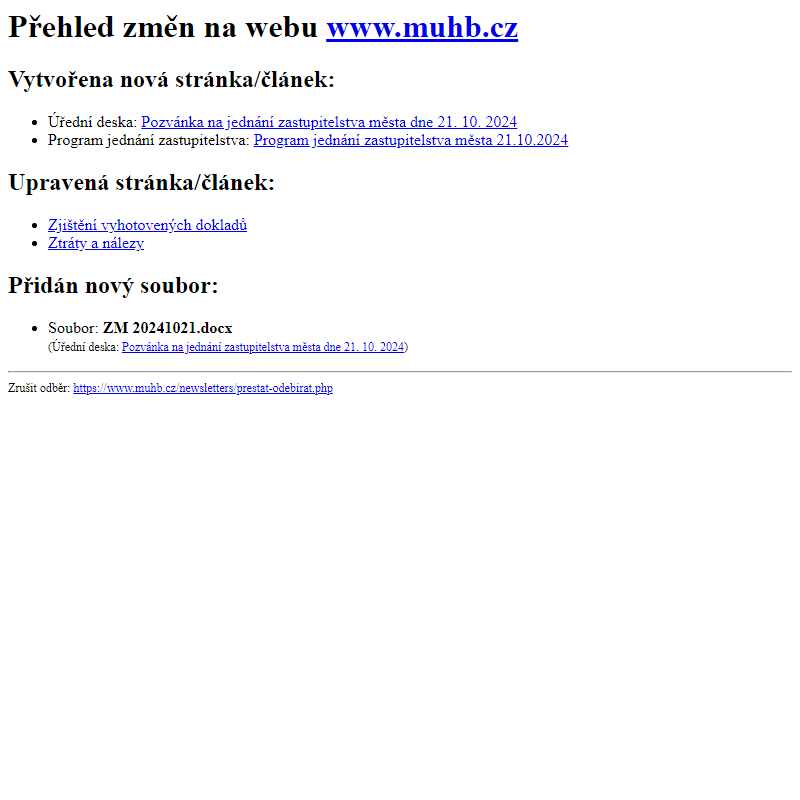 Přehled změn na webu www.muhb.cz