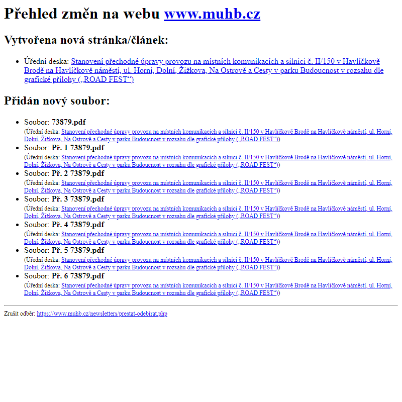 Přehled změn na webu www.muhb.cz