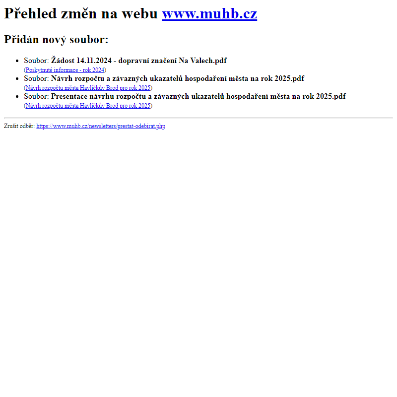 Přehled změn na webu www.muhb.cz