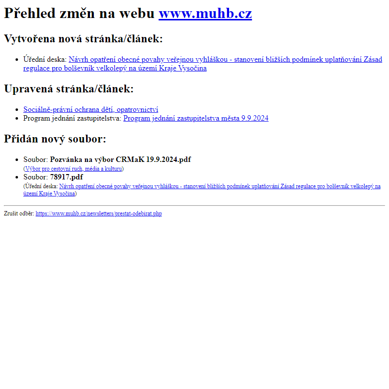 Přehled změn na webu www.muhb.cz