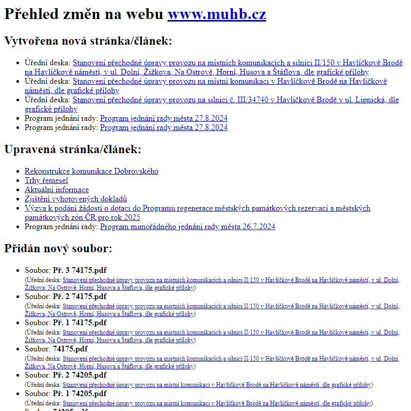 Přehled změn na webu www.muhb.cz