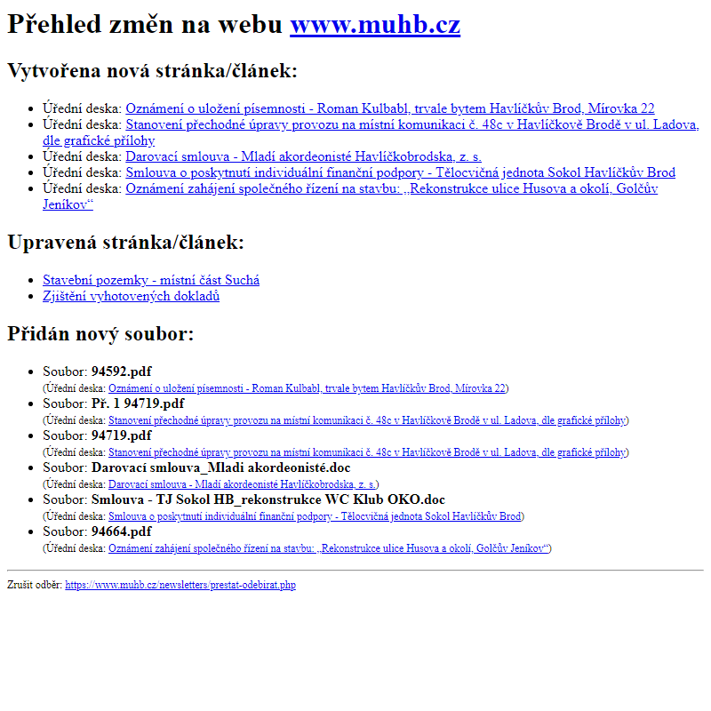 Přehled změn na webu www.muhb.cz