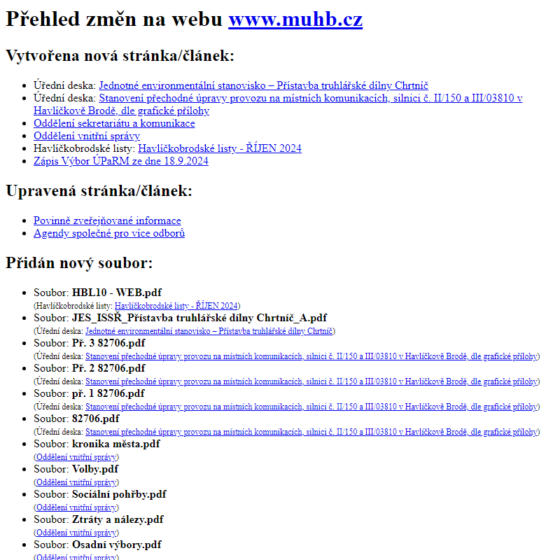 Přehled změn na webu www.muhb.cz