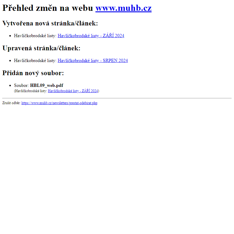 Přehled změn na webu www.muhb.cz