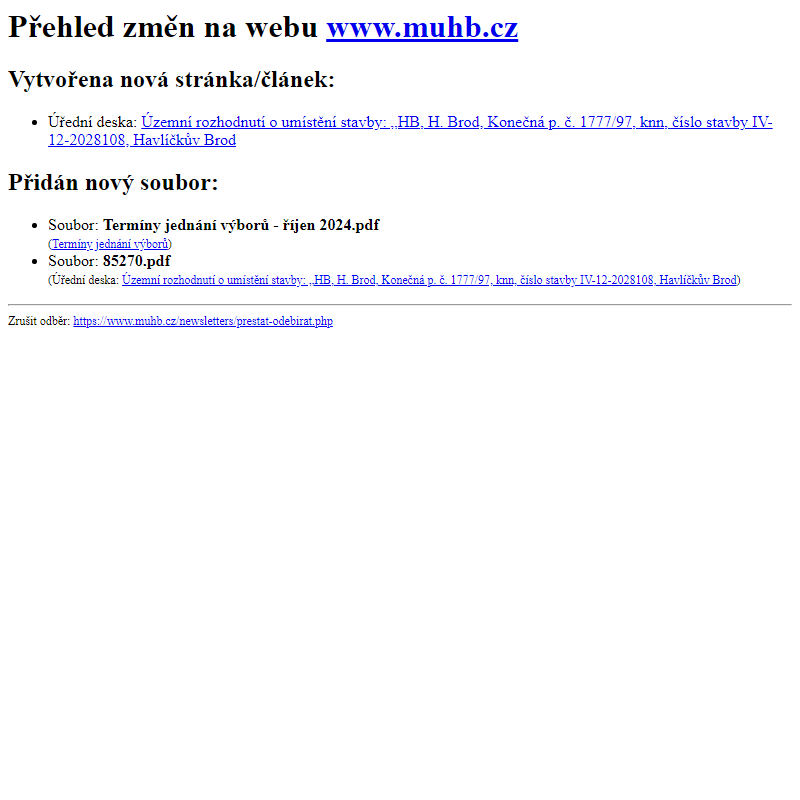 Přehled změn na webu www.muhb.cz