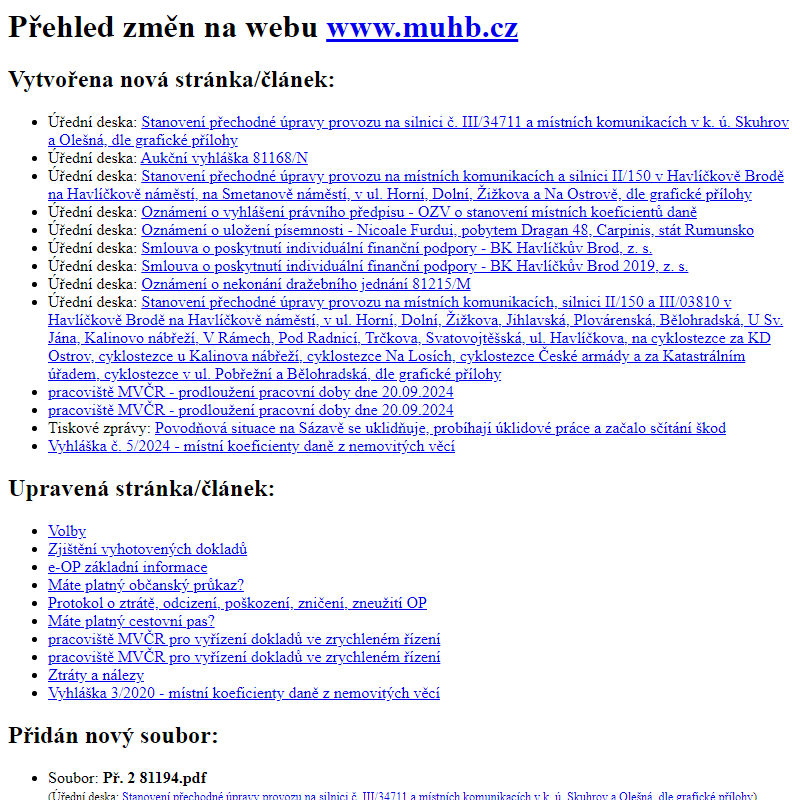 Přehled změn na webu www.muhb.cz