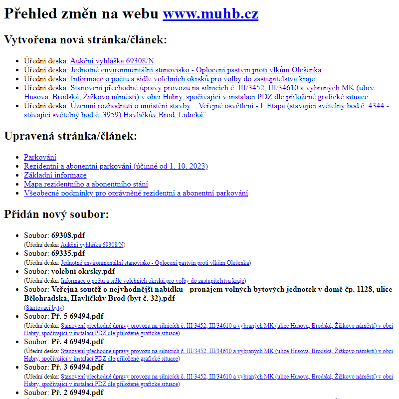 Přehled změn na webu www.muhb.cz