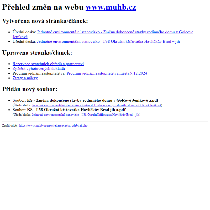 Přehled změn na webu www.muhb.cz