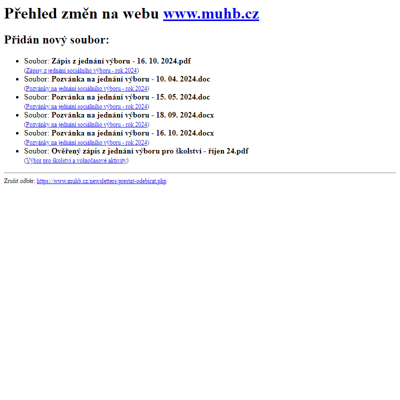 Přehled změn na webu www.muhb.cz