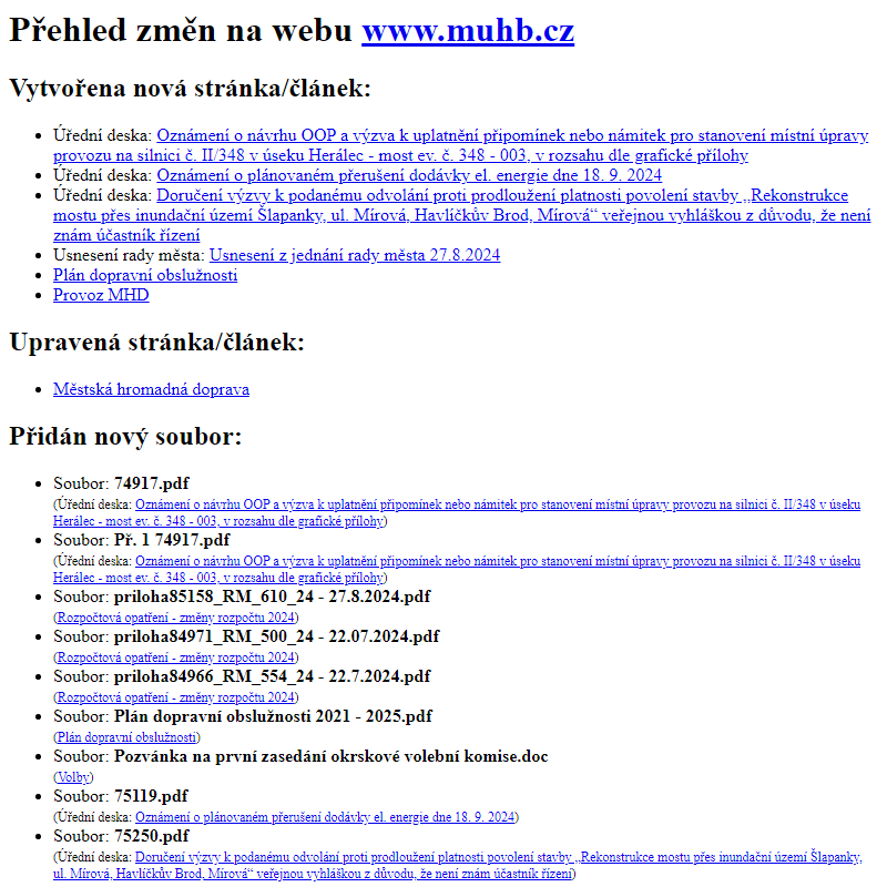 Přehled změn na webu www.muhb.cz