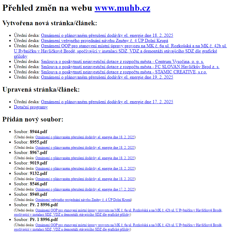 Přehled změn na webu www.muhb.cz