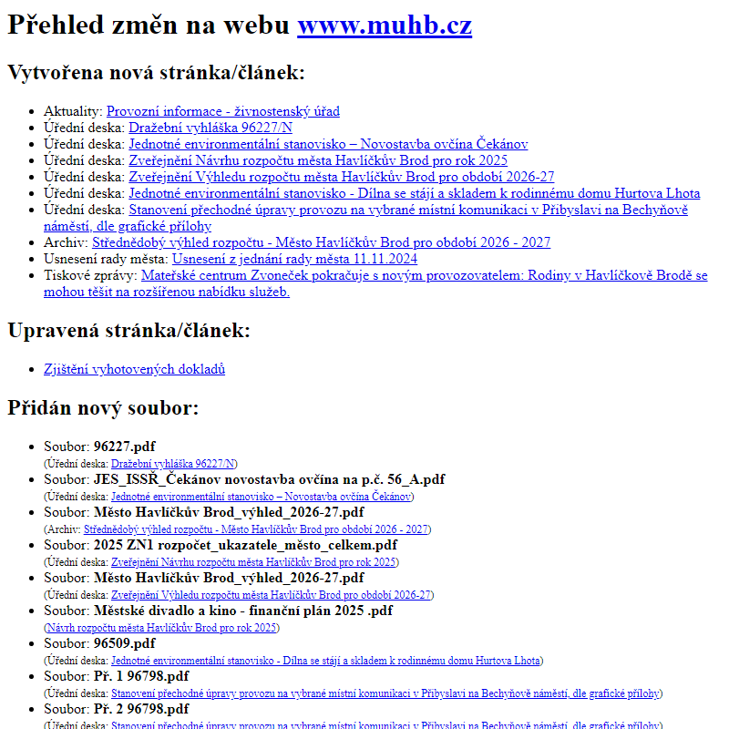 Přehled změn na webu www.muhb.cz